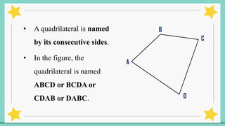 • A quadrilateral is named
by its consecutive sides.
• In the figure, the
quadrilateral is named
ABCD or BCDA or
CDAB or DABC.
A
B
C
D
 