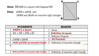 WARM is a square
Definition of square
SSS Postulate
WMR and RAW are isosceles triangle
WMR and RAW are isosceles right triangles
 