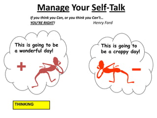Manage Your Self-Talk
      If you think you Can, or you think you Can’t…
      YOU’RE RIGHT!                           Henry Ford




This is going to be                              This is going to
a wonderful day!                                 be a crappy day!




THINKING
 
