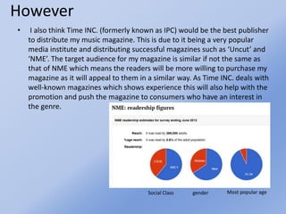However
• I also think Time INC. (formerly known as IPC) would be the best publisher
to distribute my music magazine. This is due to it being a very popular
media institute and distributing successful magazines such as ‘Uncut’ and
‘NME’. The target audience for my magazine is similar if not the same as
that of NME which means the readers will be more willing to purchase my
magazine as it will appeal to them in a similar way. As Time INC. deals with
well-known magazines which shows experience this will also help with the
promotion and push the magazine to consumers who have an interest in
the genre.
Social Class gender Most popular age
 
