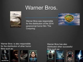 Warner Bros.
Warner Bros: is also responsible
for the distribution of other horror
films such as:
Warner Bros has also
distributed other successful
films such as:
Warner Bros was responsible
for the distribution of the 2014
paranormal horror film ‘The
Conjuring’.
 