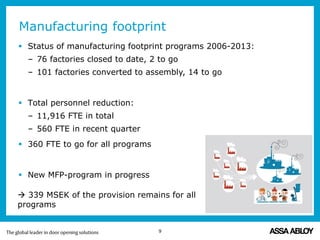 Manufacturing footprint
9
 Status of manufacturing footprint programs 2006-2013:
– 76 factories closed to date, 2 to go
– 101 factories converted to assembly, 14 to go
 Total personnel reduction:
– 11,916 FTE in total
– 560 FTE in recent quarter
 360 FTE to go for all programs
 New MFP-program in progress
 339 MSEK of the provision remains for all
programs
 