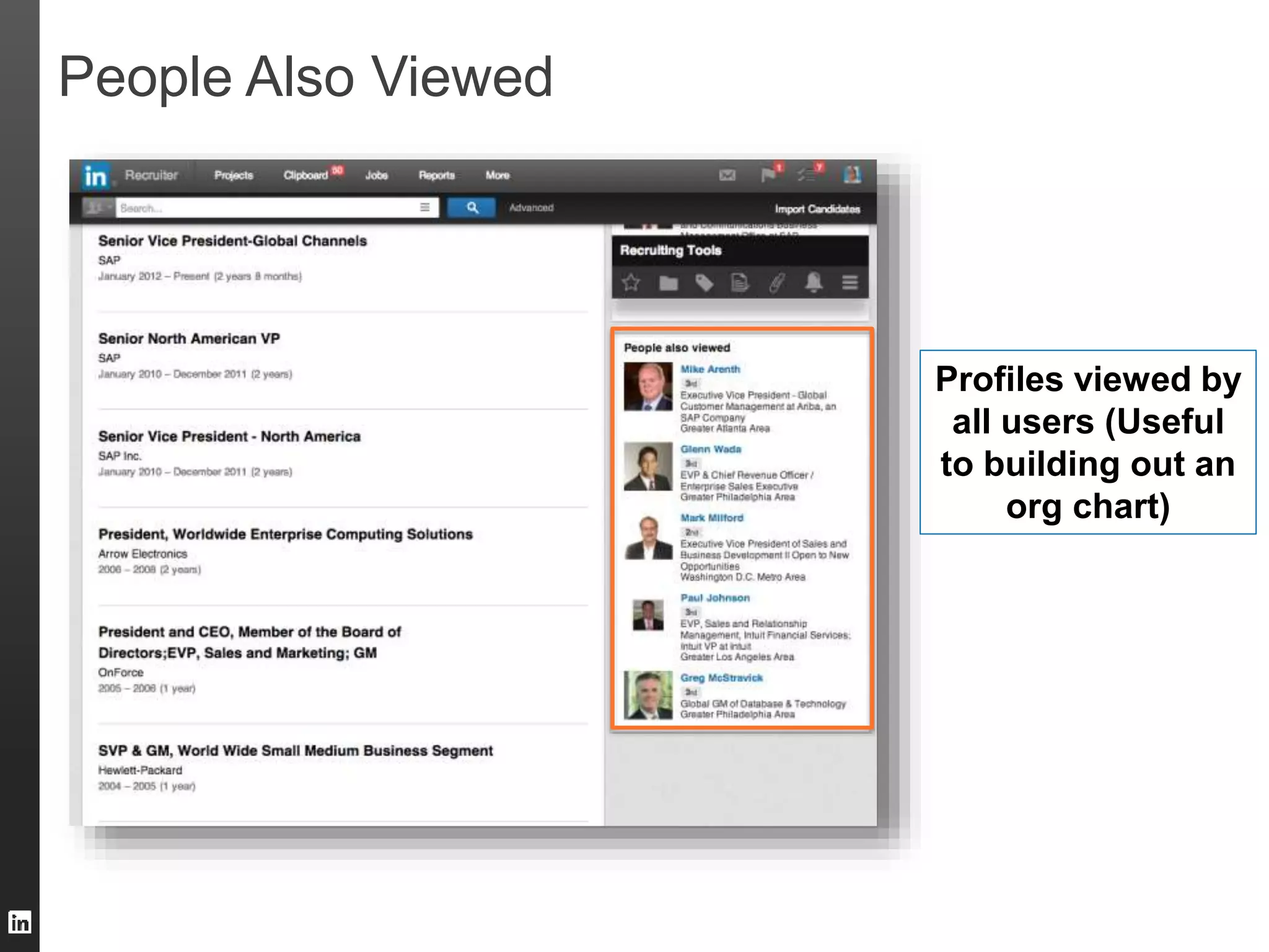 People Also Viewed 
Profiles viewed by 
all users (Useful 
to building out an 
org chart) 
 