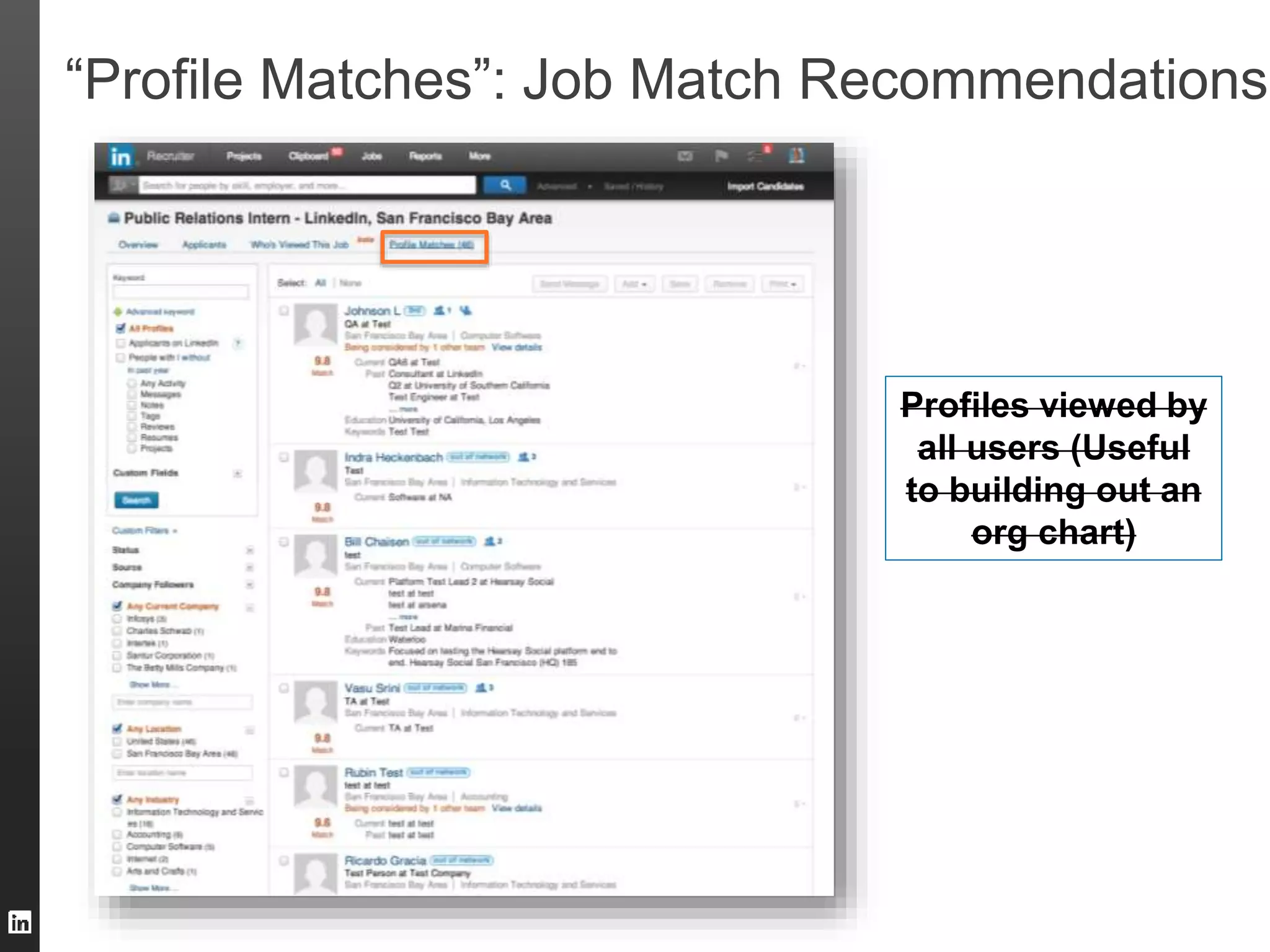 “Profile Matches”: Job Match Recommendations 
Profiles viewed by 
all users (Useful 
to building out an 
org chart) 
 