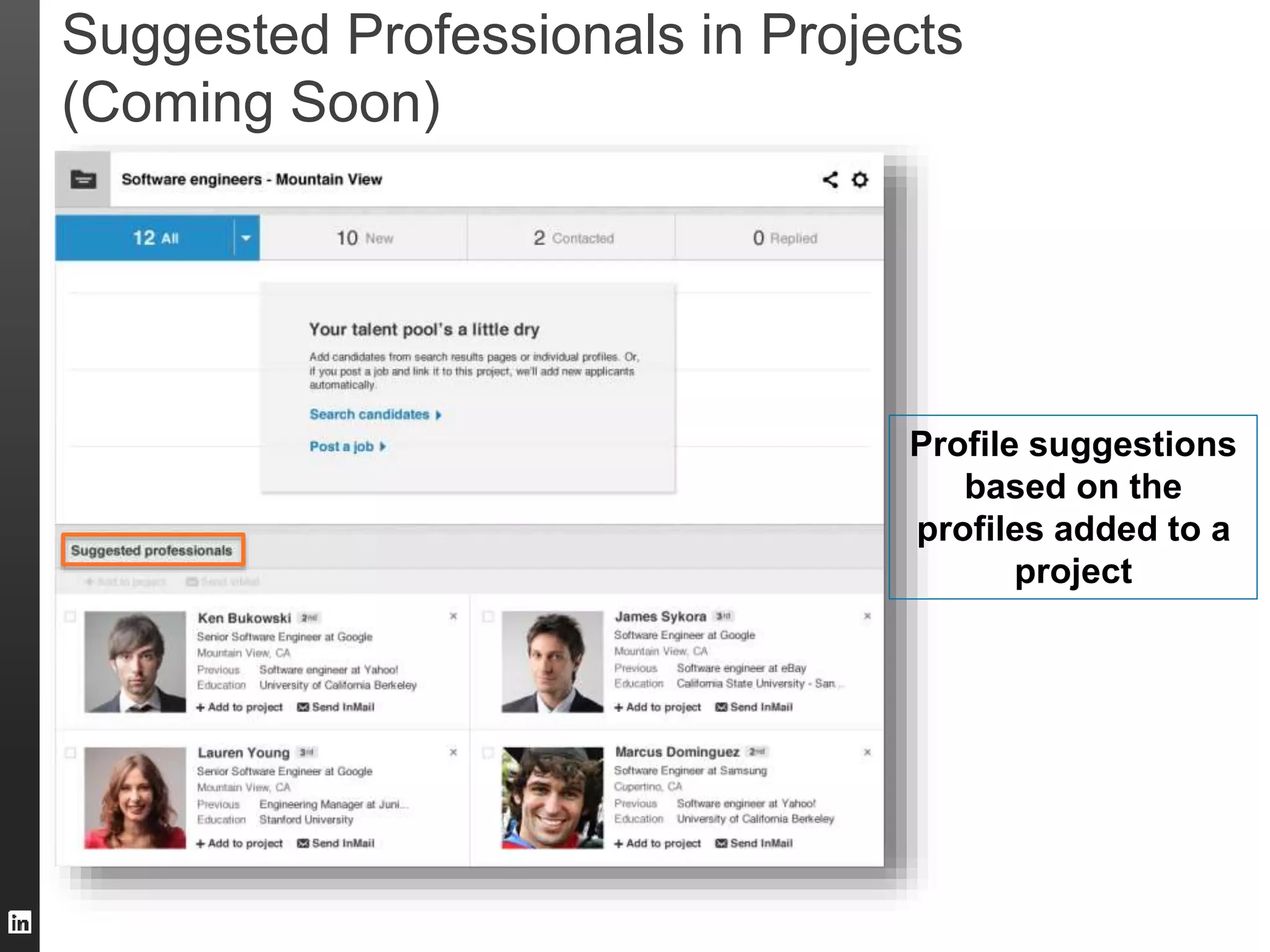 Suggested Professionals in Projects 
(Coming Soon) 
Profile suggestions 
based on the 
profiles added to a 
project 
 