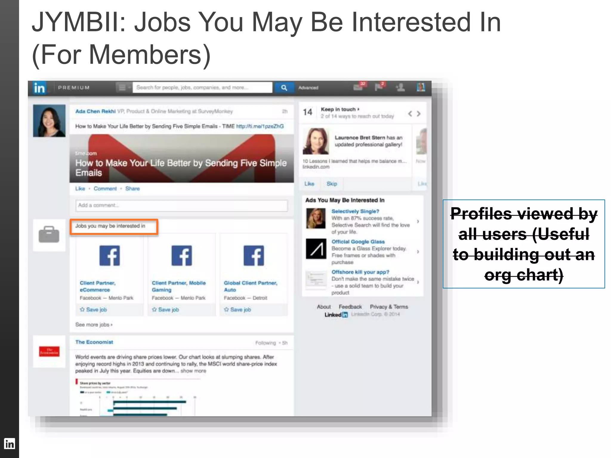 JYMBII: Jobs You May Be Interested In 
(For Members) 
Profiles viewed by 
all users (Useful 
to building out an 
org chart) 
 