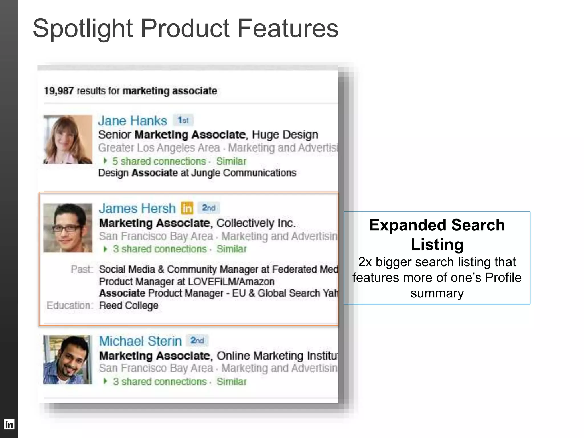 Spotlight Product Features 
Expanded Search 
Listing 
2x bigger search listing that 
features more of one’s Profile 
summary 
 
