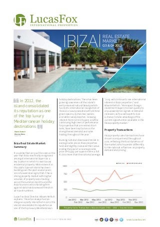 IBIZA
                                                                                            REAL ESTATE
                                                                                            MARKET
                                                                                            Q3 & Q4 2012




                                              holiday destinations. There has been            “2013 will continue to see international
    In 2012, the                              growing awareness of the island’s               interest in Ibiza properties,” said
island consolidated                           well preserved natural beauty which
                                              has led to international recognition of
                                                                                              Maxim Rettich. “We expect foreign
                                                                                              investment buyers to react quickly to
its reputation as one                         Ibiza as a luxury paradise with pristine        any upward price signals or demand
                                              green spaces, crystal clear waters,             increases, as few will want to lose
of the top luxury                             and white sandy beaches. Growing                a chance to take advantage of the
                                              interest from non-EU buyers, and the            current opportunities available in the
Mediterranean holiday                         continuing high level of performance            Ibiza property market.”
destinations                                  for properties that are rented short
                                              term, have been key factors in the
                                                                                              Property Transactions
Maxim Rettich                                 strengthened demand and sales
Director Ibiza                                trading throughout the year.”
Lucas Fox                                                                                     Ibiza property sales transactions have
                                                                                              shown a unique trend throughout
                                              Bucking national downward trends in
                                                                                              2012, reflecting the local dynamics of
Ibiza Real Estate Market:                     average sales prices, Ibiza properties
                                                                                              the market, which operate differently
Summary                                       held and slightly increased their value,
                                                                                              to the national influences on property
                                              ending the year at an average sales
                                                                                              demand and pricing.
It could be that 2012 will be seen as the     price of €2,955 per square metre, a full
year that Ibiza was finally recognized        €1,000 more than the national average.
amongst international buyers as a
key location in which to own luxury
residential property. While interest in
                                                                                                            SPAIN (‘00s)    BALEARES (INC MALLORCA)

this idyllic Spanish island has been
building over the past several years,
2012 showed clear signs that it has a
strong property market with higher
volumes of property sales trading
across the summer months, and the
Ibiza tourism sector standing firm
against national downward trends in
air travel numbers.

Lucas Fox Ibiza Director, Maxim Rettich
explains: “Ibiza has always had an
image as a party island, but in 2012, the
island consolidated its reputation as
one of the top luxury Mediterranean                Property Sales Transactions: Ibiza and Spain: 2011 – 2012 / Source: ine.es




                      IBIZA REAL ESTATE MARKET Q3 & Q4 2012                                                                www.lucasfox.com
 