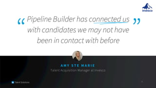 “ ”
A M Y S T E M A R I E
12
Talent Acquisition Manager at Invesco
​Pipeline Builder has connected us
with candidates we m...