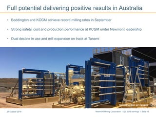 Newmont Mining Corporation I Q3 2016 earnings I Slide 1827 October 2016
Full potential delivering positive results in Australia
• Boddington and KCGM achieve record milling rates in September
• Strong safety, cost and production performance at KCGM under Newmont leadership
• Dual decline in use and mill expansion on track at Tanami
Boddington
Construction at Tanami
 