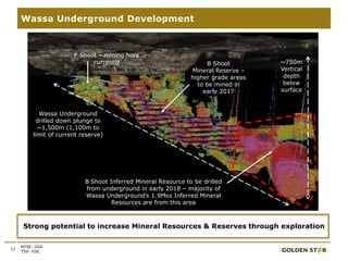 12
Wassa Underground Development
F Shoot
B Shoot
Strong potential to increase Mineral Resources & Reserves through exploration
NYSE: GSS
TSX: GSC
F Shoot – mining here
currently B Shoot
Mineral Reserve –
higher grade areas
to be mined in
early 2017
~750m
Vertical
depth
below
surface
Wassa Underground
drilled down plunge to
~1,500m (1,100m to
limit of current reserve)
B Shoot Inferred Mineral Resource to be drilled
from underground in early 2018 – majority of
Wassa Underground’s 1.9Moz Inferred Mineral
Resources are from this area
 
