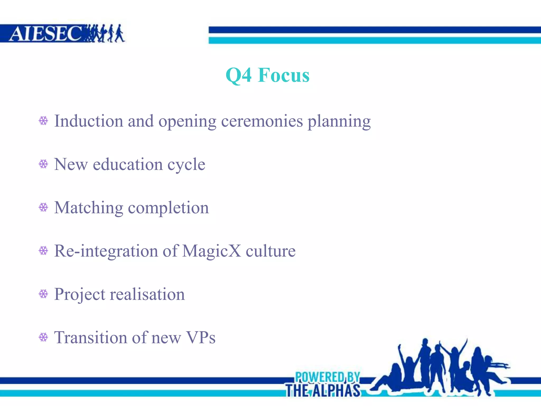 Q4 Focus
Induction and opening ceremonies planning
New education cycle
Matching completion
Re-integration of MagicX culture
Project realisation
Transition of new VPs
 