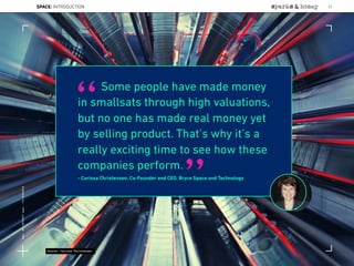 Some people have made money
in smallsats through high valuations,
but no one has made real money yet
by selling product. That’s why it’s a
really exciting time to see how these
companies perform.
- Carissa Christensen, Co-Founder and CEO, Bryce Space and Technology
“
”
Source: Carissa Christensen
SPACE: INTRODUCTION 23
Lat:40.7574377Lon:-73.9754319
 