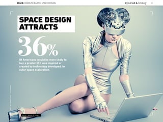 SPACE DESIGN
ATTRACTS
36%Of Americans would be more likely to
buy a product if it was inspired or
created by technology developed for
outer space exploration.
Source: sparks & honey
SPACE: DOWN TO EARTH: SPACE DESIGN 39
Lat:40.7574377Lon:-73.9754319
 