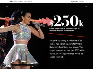 Singer Katy Perry is reported to be
one of 700 ticket holders for Virgin
Galactic’s ﬁrst ﬂight into space. The
singer announced that her 2017 Video
Music Awards appearance would be
space-themed.
$250kCost of Virgin Galactic suborbital ﬂight on
yet-to-be launched SpaceShipTwo
Source: Fortune, Virgin Galactic is almost ready to launch
SPACE: DOWN TO EARTH: SPACE DESIGN 44
Lat:40.7574377Lon:-73.9754319
 