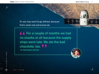 For a couple of months we had
no snacks at all because the supply
ships were late. We ate the bad
chocolate, too.
- Dr. Cady Coleman, Astronaut
“
”
Or you may want to go without, because
that’s what real astronauts do.
Source: Dr. Cady Coleman
SPACE: DOWN TO EARTH: SPACE DESIGN 57
Lat:40.7574377Lon:-73.9754319
 