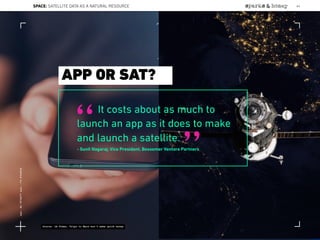 It costs about as much to
launch an app as it does to make
and launch a satellite.
- Sunil Nagaraj, Vice President, Bessemer Venture Partners
“
”
APP OR SAT?
Source: LA Times, Trips to Mars won’t make quick money
SPACE: SATELLITE DATA AS A NATURAL RESOURCE 64
Lat:40.7574377Lon:-73.9754319
 