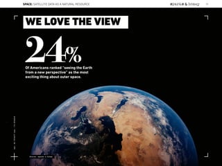 WE LOVE THE VIEW
24%Of Americans ranked “seeing the Earth
from a new perspective” as the most
exciting thing about outer space.
Source: sparks & honey
SPACE: SATELLITE DATA AS A NATURAL RESOURCE 70
Lat:40.7574377Lon:-73.9754319
 