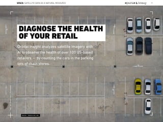Orbital Insight analyzes satellite imagery with
AI to observe the health of over 100 US-based
retailers — by counting the cars in the parking
lots of chain stores.
DIAGNOSE THE HEALTH
OF YOUR RETAIL
Source: TheOutline.com
SPACE: SATELLITE DATA AS A NATURAL RESOURCE 77
Lat:40.7574377Lon:-73.9754319
 