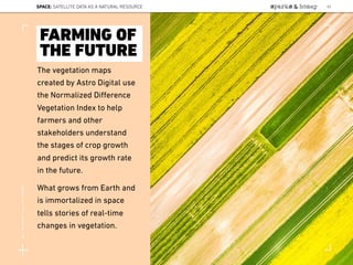 The vegetation maps
created by Astro Digital use
the Normalized Diﬀerence
Vegetation Index to help
farmers and other
stakeholders understand
the stages of crop growth
and predict its growth rate
in the future.
What grows from Earth and
is immortalized in space
tells stories of real-time
changes in vegetation.
FARMING OF
THE FUTURE
SPACE: SATELLITE DATA AS A NATURAL RESOURCE 83
Lat:40.7574377Lon:-73.9754319
 