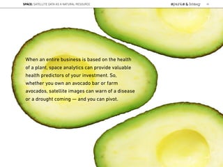 Source:
When an entire business is based on the health
of a plant, space analytics can provide valuable
health predictors of your investment. So,
whether you own an avocado bar or farm
avocados, satellite images can warn of a disease
or a drought coming — and you can pivot.
SPACE: SATELLITE DATA AS A NATURAL RESOURCE 85
Lat:40.7574377Lon:-73.9754319
 