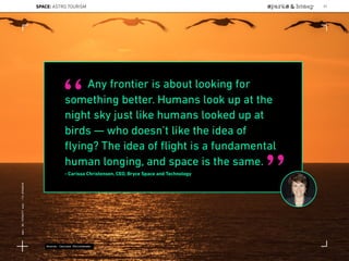 Any frontier is about looking for
something better. Humans look up at the
night sky just like humans looked up at
birds — who doesn’t like the idea of
ﬂying? The idea of ﬂight is a fundamental
human longing, and space is the same.
- Carissa Christensen, CEO, Bryce Space and Technology
“
”
Source: Carissa Christensen
97SPACE: ASTRO TOURISM
Lat:40.7574377Lon:-73.9754319
 