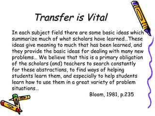 Transfer is VitalTransfer is Vital
In each subject field there are some basic ideas which
summarize much of what scholars have learned…These
ideas give meaning to much that has been learned, and
they provide the basic ideas for dealing with many new
problems… We believe that this is a primary obligation
of the scholars (and) teachers to search constantly
for these abstractions, to find ways of helping
students learn them, and especially to help students
learn how to use them in a great variety of problem
situations…
Bloom, 1981, p.235
 
