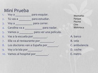 Mini Prueba
1. Voy a __________ para esquiar.
2. Tú vas a ________ para estudiar.
3. Voy a ___________ para correr.
4. Carolina va a ___________ para nadar.
5. Vamos a _________ para ver una película.
6. Vas a la escuela por_________. A. barco
7. Ella va al restaurante por_________. B. vela
8. Los doctores van a España por_______. C. ambulancia
9. Voy a la isla por_________. D. coche
10. Vamos al hospital por________. E. metro
Montañas
Parque
Piscina
Cine
Biblioteca
 