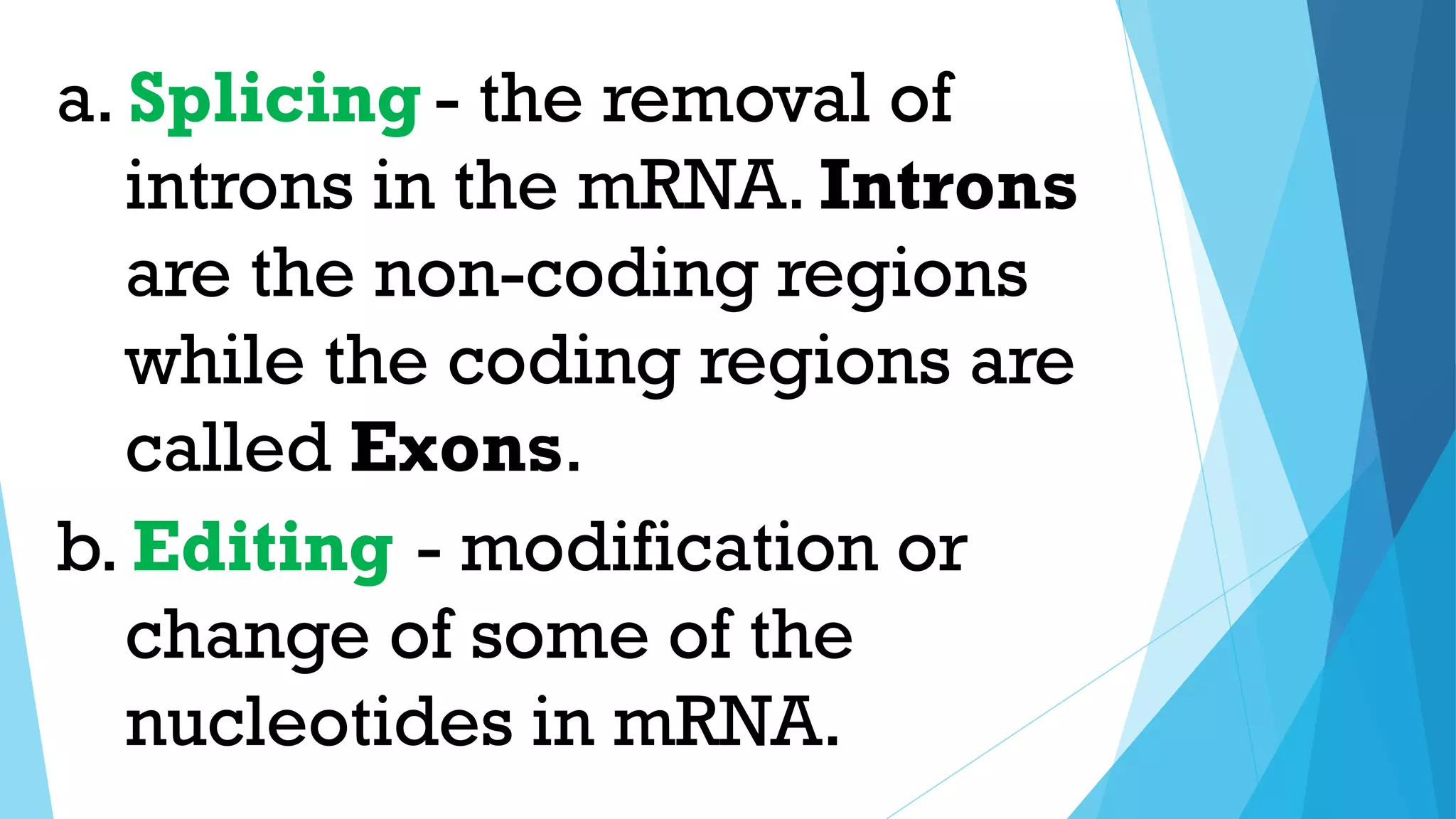 - modification or
change of some of the
nucleotides in mRNA.
b. Editing
- the removal of
introns in the mRNA. Introns
are the non-coding regions
while the coding regions are
called Exons.
a. Splicing
 