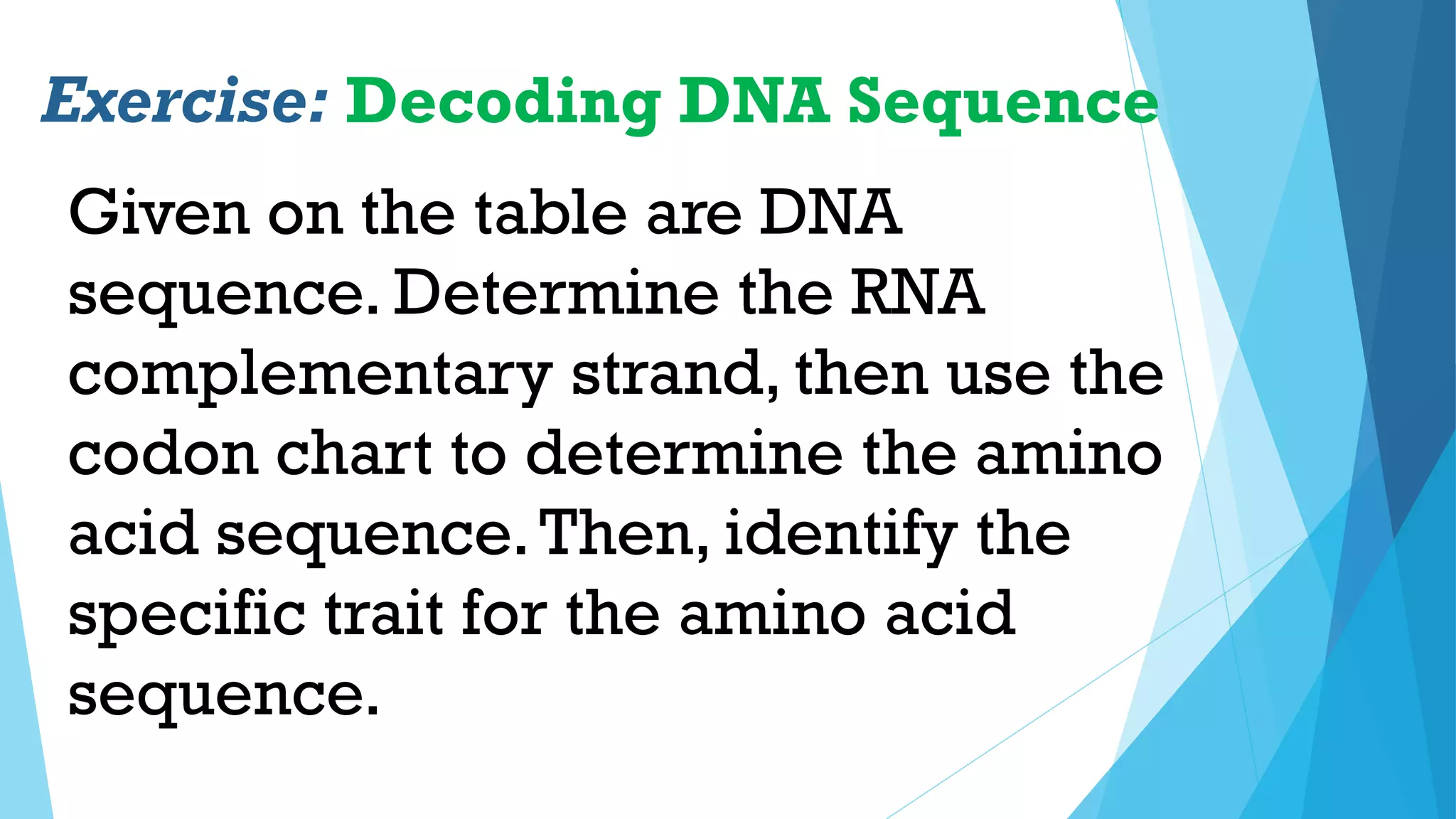Exercise: Decoding DNA Sequence
Given on the table are DNA
sequence. Determine the RNA
complementary strand, then use the
codon chart to determine the amino
acid sequence.Then, identify the
specific trait for the amino acid
sequence.
 