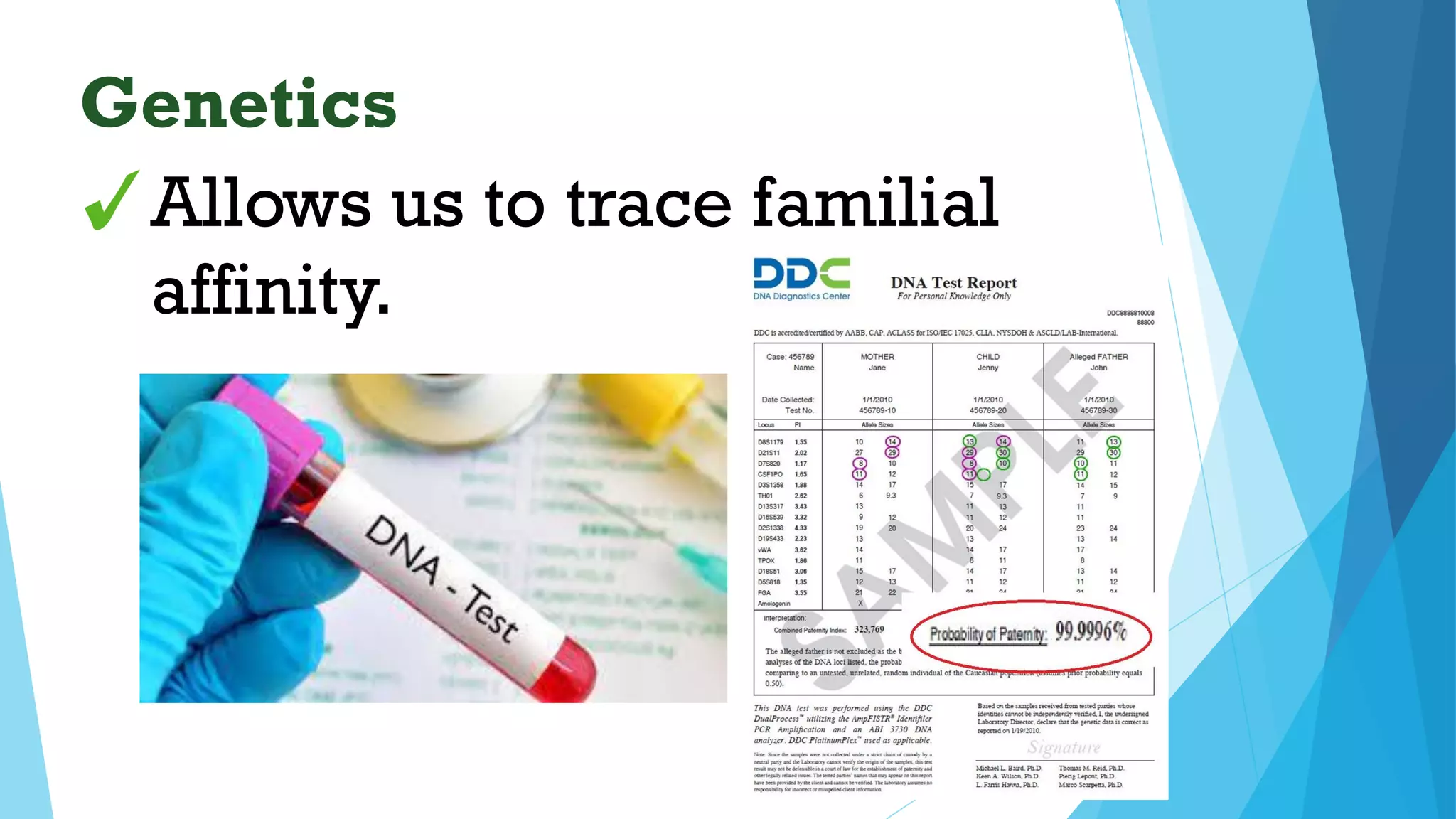 Allows us to trace familial
affinity.
Genetics
 