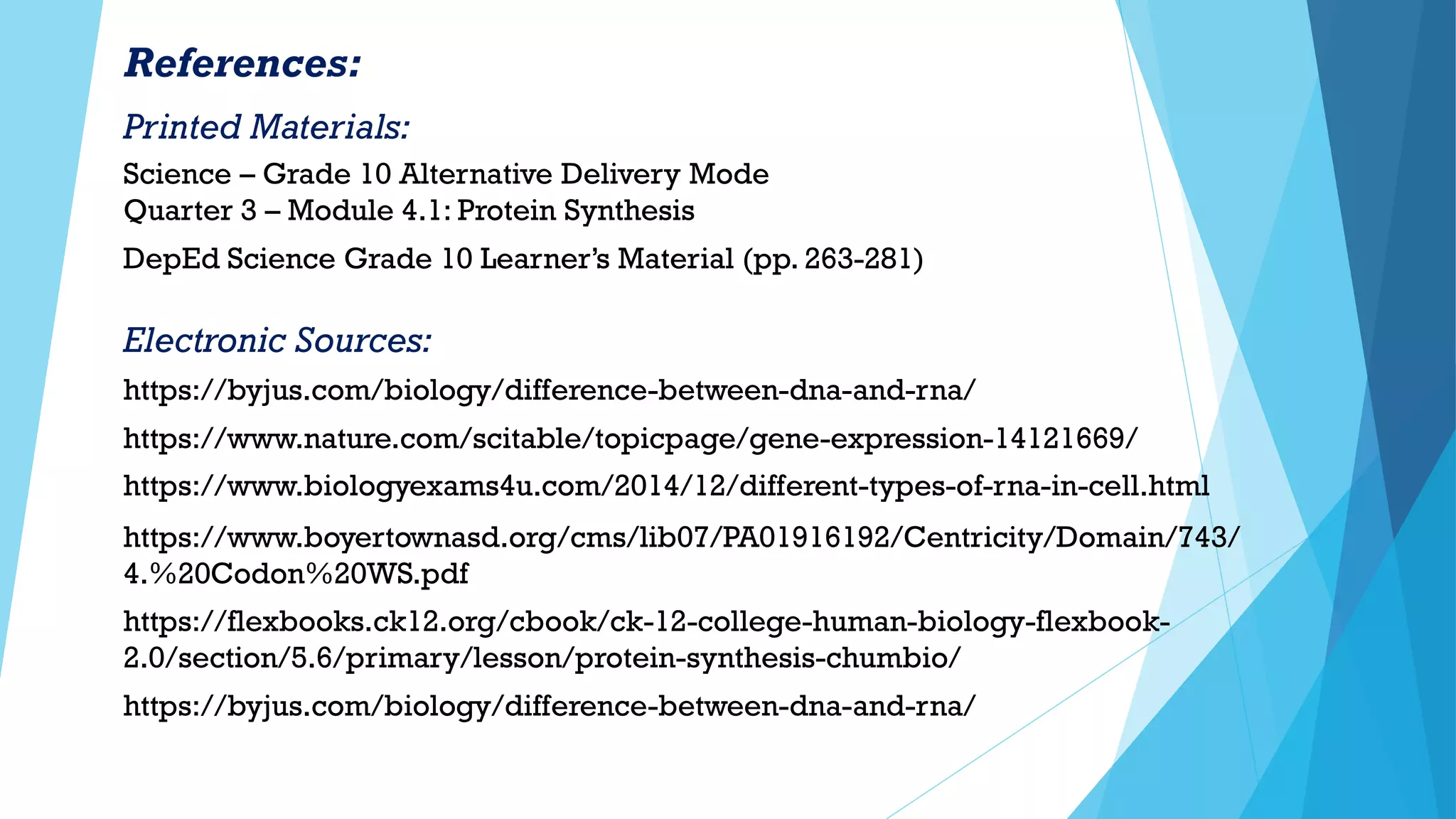 References:
https://byjus.com/biology/difference-between-dna-and-rna/
Science – Grade 10 Alternative Delivery Mode
Quarter 3 – Module 4.1: Protein Synthesis
Printed Materials:
Electronic Sources:
https://www.nature.com/scitable/topicpage/gene-expression-14121669/
https://www.biologyexams4u.com/2014/12/different-types-of-rna-in-cell.html
https://www.boyertownasd.org/cms/lib07/PA01916192/Centricity/Domain/743/
4.%20Codon%20WS.pdf
DepEd Science Grade 10 Learner’s Material (pp. 263-281)
https://flexbooks.ck12.org/cbook/ck-12-college-human-biology-flexbook-
2.0/section/5.6/primary/lesson/protein-synthesis-chumbio/
https://byjus.com/biology/difference-between-dna-and-rna/
 