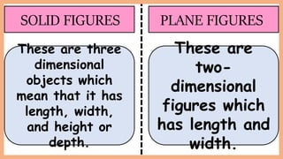 SOLID FIGURES PLANE FIGURES
These are three
dimensional
objects which
mean that it has
length, width,
and height or
depth.
These are
two-
dimensional
figures which
has length and
width.
 