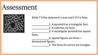 Assessment
Write T if the statement is true and F if it is false.
____________1. A pyramid has a triangular face.
____________2. A cube has six faces.
____________3. A rectangular pyramid has square
faces.
____________4. Spatial figures are three –
dimensional figures.
____________5. The faces of a prism are triangles.
 