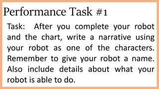 Performance Task #1
Task: After you complete your robot
and the chart, write a narrative using
your robot as one of the characters.
Remember to give your robot a name.
Also include details about what your
robot is able to do.
 