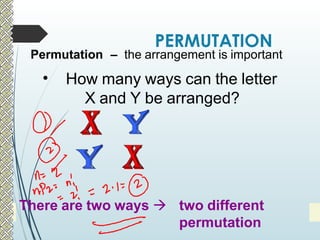 PERMUTATION
Permutation – the arrangement is important
• How many ways can the letter
X and Y be arranged?
There are two ways  two different
permutation
 