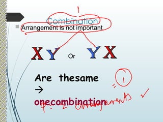 Combination
 Arrangement is not important
Or
Are thesame

onecombination
 
