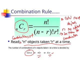 Combination Rule……
 Read: “n” objects taken “r” at a time.
!
)!
(
!
r
r
n
n
Cr
n


 