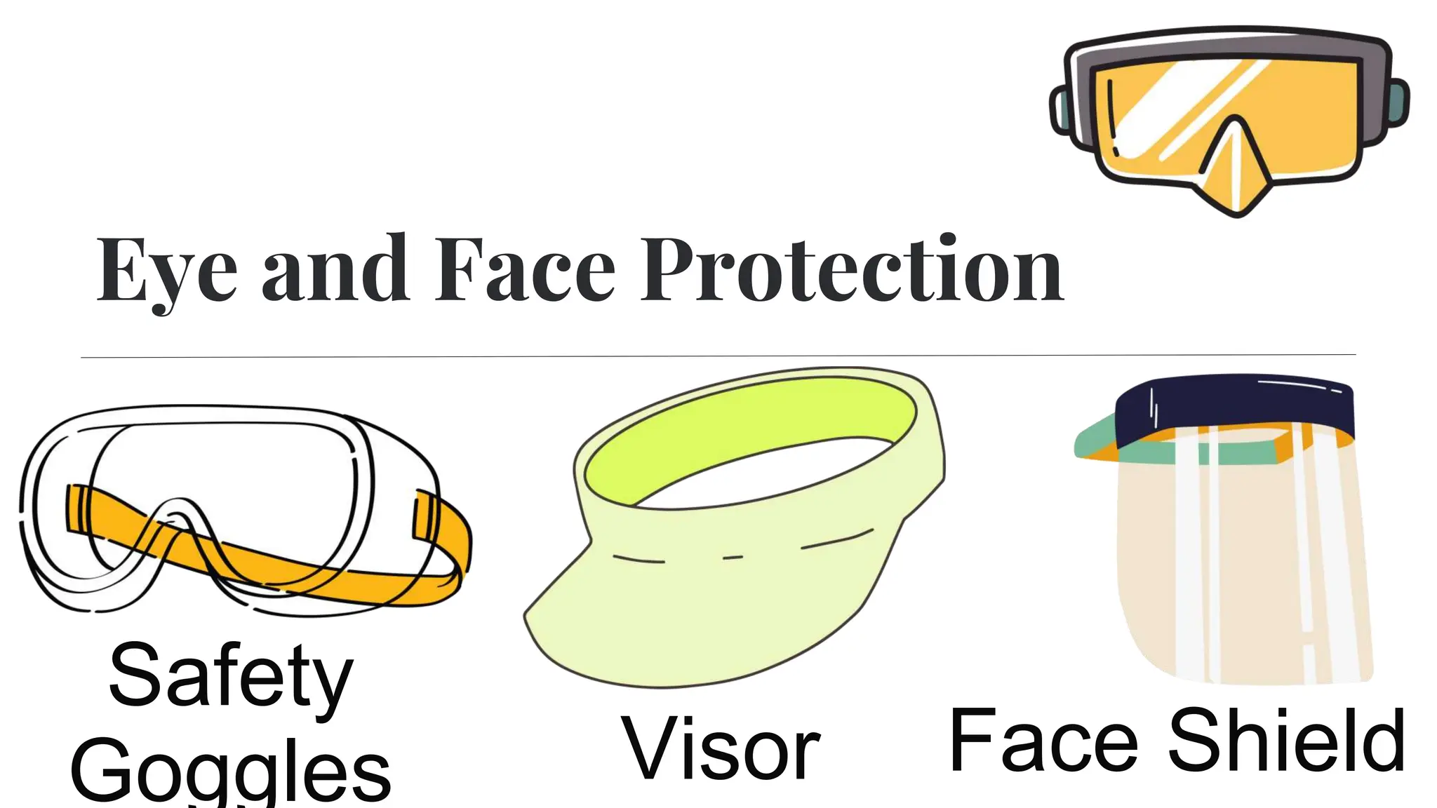 Eye and Face Protection
Safety
Goggles Visor Face Shield
 