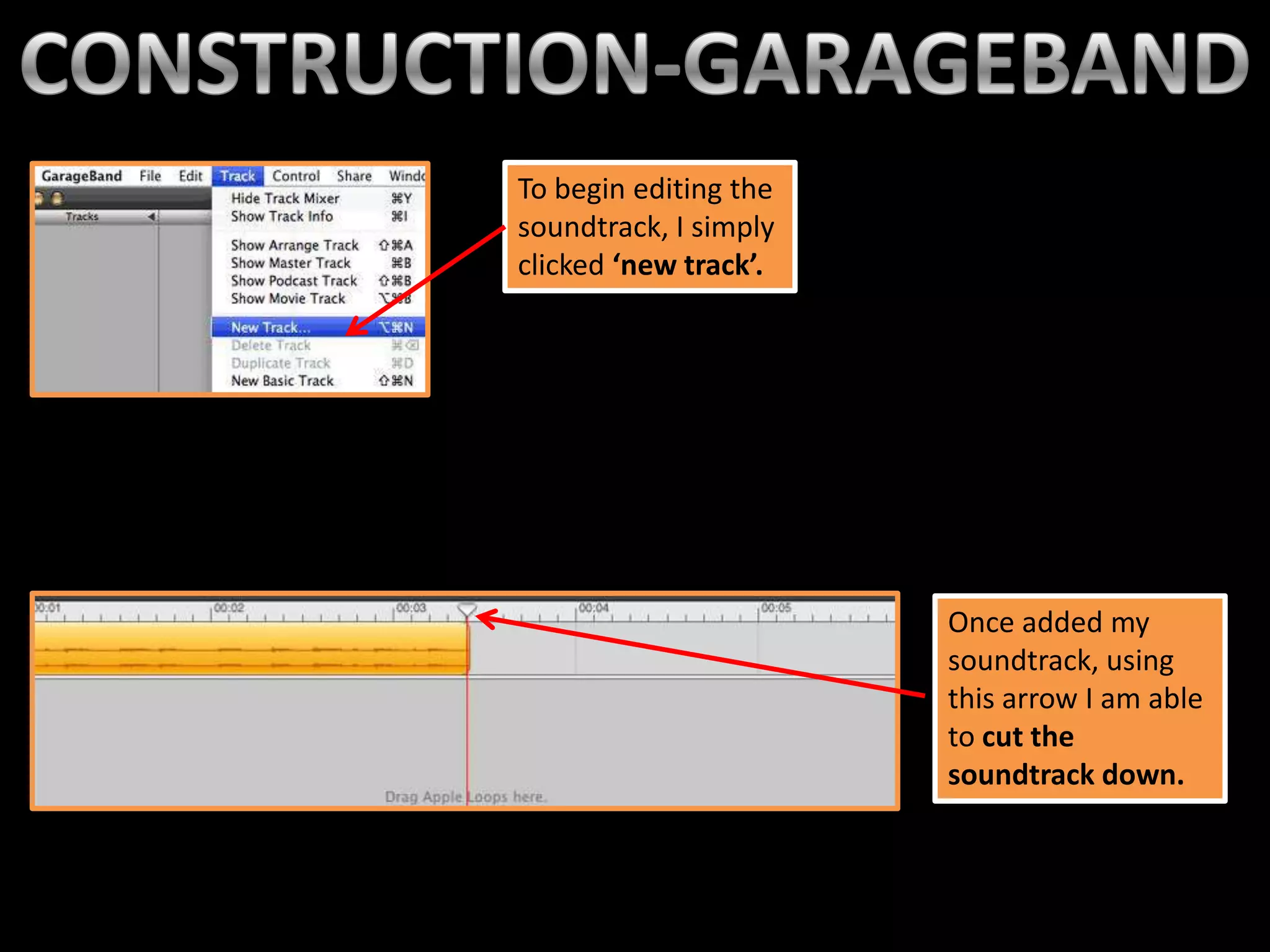To begin editing the
soundtrack, I simply
clicked ‘new track’.




                       Once added my
                       soundtrack, using
                       this arrow I am able
                       to cut the
                       soundtrack down.
 
