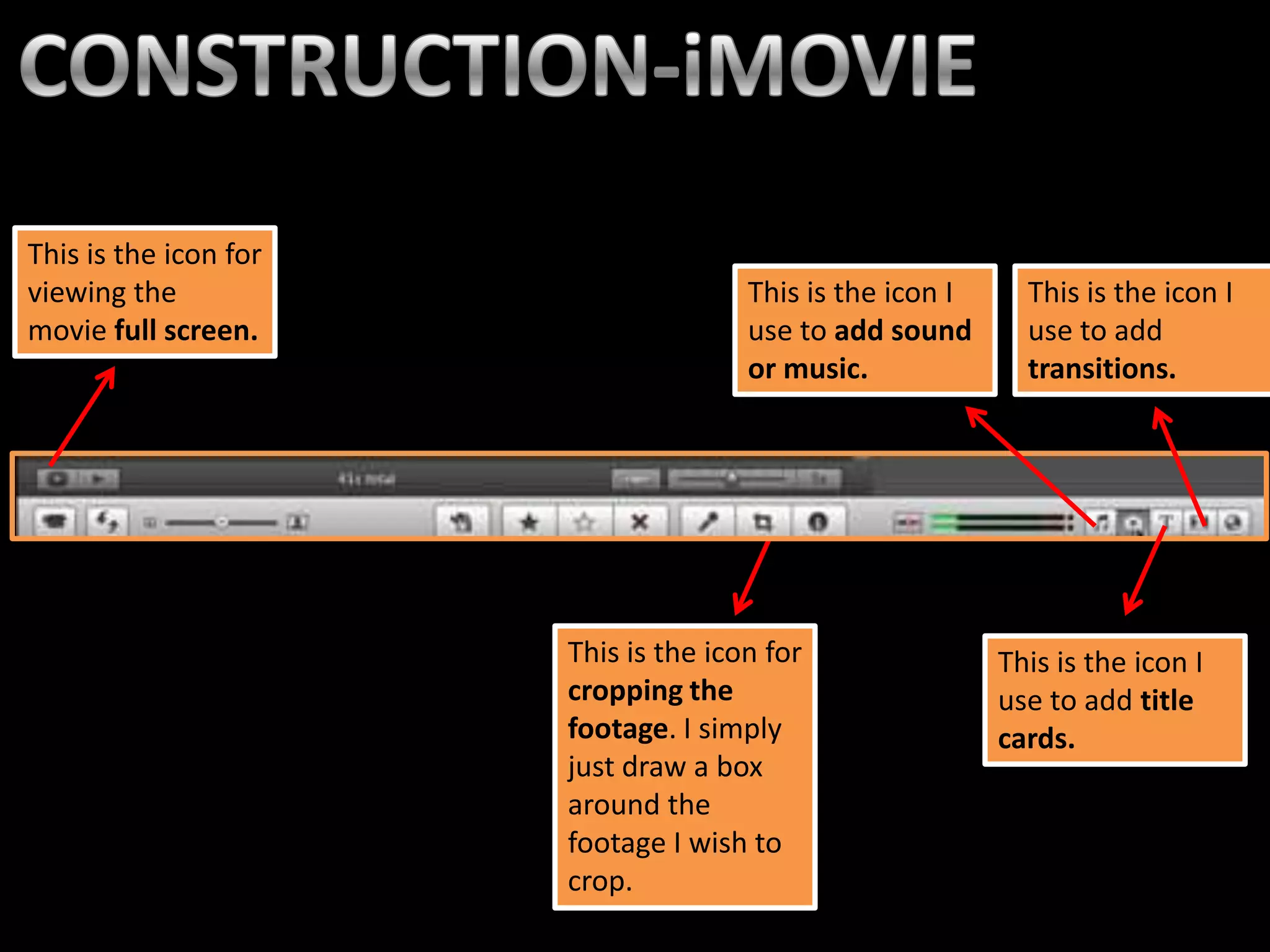 This is the icon for
viewing the                           This is the icon I     This is the icon I
movie full screen.                    use to add sound       use to add
                                      or music.              transitions.




                       This is the icon for                This is the icon I
                       cropping the                        use to add title
                       footage. I simply                   cards.
                       just draw a box
                       around the
                       footage I wish to
                       crop.
 
