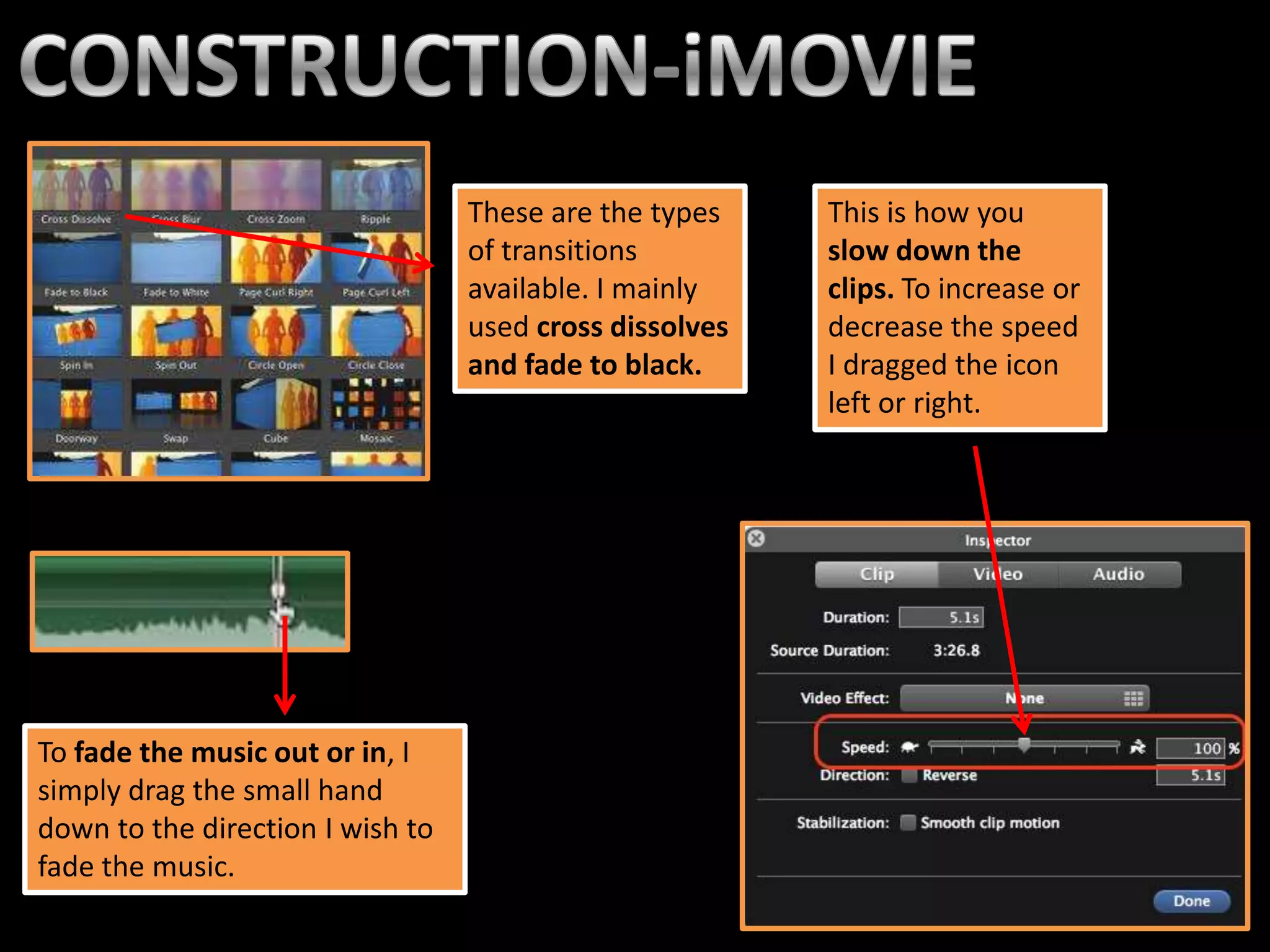 These are the types    This is how you
                                  of transitions         slow down the
                                  available. I mainly    clips. To increase or
                                  used cross dissolves   decrease the speed
                                  and fade to black.     I dragged the icon
                                                         left or right.




To fade the music out or in, I
simply drag the small hand
down to the direction I wish to
fade the music.
 