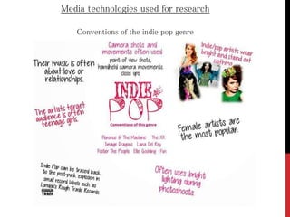 Media technologies used for research
Conventions of the indie pop genre
 