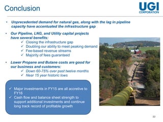 22
Conclusion
• Unprecedented demand for natural gas, along with the lag in pipeline
capacity have accentuated the infrastructure gap
• Lower Propane and Butane costs are good for
our business and customers:
 Down 60-75% over past twelve months
 Near 15 year historic lows
• Our Pipeline, LNG, and Utility capital projects
have several benefits:
 Closing the infrastructure gap
 Doubling our ability to meet peaking demand
 Fee-based revenue streams
 Majority of fees guaranteed
 Major investments in FY15 are all accretive to
FY16
 Cash flow and balance sheet strength to
support additional investments and continue
long track record of profitable growth
 