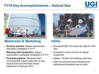 7
Midstream & Marketing Utility
FY16 Key Accomplishments – Natural Gas
• Successful $27 mm base rate case for UGI
Gas
• Executed a record amount of capital
investment
• Added ~16,000 new heating customers
• Cast iron and bare steel infrastructure
replacement programs are on track
• Sunbury pipeline: Began construction;
anticipate completion in FY17
• Manning LNG liquefaction: Began
construction; anticipate completion in FY17
• PennEast pipeline: Received draft
environmental impact statement in July;
expect final environmental impact
statement in February 2017
 