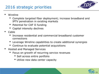 2016 strategic priorities
• Wireline
• Complete targeted fiber deployment; increase broadband and
IPTV penetration in existing markets
• Potential for CAF II funding
• Capital intensity declines
• Cable
• Increase residential and commercial broadband customer
connections
• Leverage Wireline capabilities to create additional synergies
• Continue to evaluate potential acquisitions
• Hosted and Managed Services
• Focus on growth of recurring service revenues
• Sell across entire portfolio
• Utilize new data center capacity
23
 