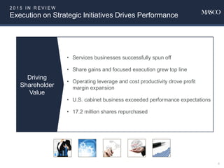 2 0 1 5 I N R E V I E W
Execution on Strategic Initiatives Drives Performance
• Services businesses successfully spun off
• Share gains and focused execution grew top line
• Operating leverage and cost productivity drove profit
margin expansion
• U.S. cabinet business exceeded performance expectations
• 17.2 million shares repurchased
4
Driving
Shareholder
Value
 
