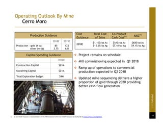Capital Spending Guidance
2018E
Construction Capital $61M
Sustaining Capital $21M
Total Exploration Budget $9M
18
Cost
Guidance
Total Cost
of Sales
Co-Product
Cash Cost(1) AISC(1)
2018E
$1,100/oz Au
$15.25/oz Ag
$510/oz Au
$7.10/oz Ag
$650/oz Au
$9.15/oz Ag
Production Guidance
2018E 2019E
Production – gold (k oz)
silver (m oz)
85
3.75
125
6.0
1. A non‐GAAP measure. A reconciliation of  the IFRS measure to this non‐GAAP measure can be found at www.yamana.com/Q42017.
Operating Outlook By Mine
Cerro Moro
 Project remains on schedule
 Mill commissioning expected in Q1 2018
 Ramp up of operations to commercial
production expected in Q2 2018
 Updated mine sequencing delivers a higher
proportion of gold through 2020 providing
better cash flow generation
 