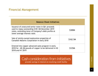 Financial Management
27
Balance Sheet Initiatives
Issuance of unsecured senior notes in Q4: proceeds
used to repay outstanding $181.5M December 2019
notes, extending tenor of Company’s debt profile at
lower average interest rates
$300M
Sale of jointly-owned exploration properties of
Canadian Malartic Corporation in early 2018
$162.5M
Entered into copper advanced sales program in early
2018 for ~40.3M pounds of copper to be delivered in H2
2018 and H1 2019
$125M
Cashconsiderationfrominitiatives
provide savings in interest on revolving credit facility
 
