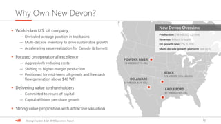12Strategic Update & Q4 2018 Operations Report
Why Own New Devon?
▪ World-class U.S. oil company
— Unrivaled acreage position in top basins
— Multi-decade inventory to drive sustainable growth
— Accelerating value realization for Canada & Barnett
▪ Focused on operational excellence
— Aggressively reducing costs
— Shifting to higher-margin production
— Positioned for mid-teens oil growth and free cash
flow generation above $46 WTI
▪ Delivering value to shareholders
— Committed to return of capital
— Capital-efficient per-share growth
▪ Strong value proposition with attractive valuation
18 MBOED (71% OIL)
STACK
126 MBOED (55% LIQUIDS)
POWDER RIVER
EAGLE FORD
61 MBOED (50% OIL)
84 MBOED (54% OIL)
DELAWARE
Production: 296 MBOED (Q4 2018)
Revenue: 84% oil & liquids
Oil growth rate: 17% in 2018
Multi-decade growth platform (see pg.6)
New Devon Overview
 